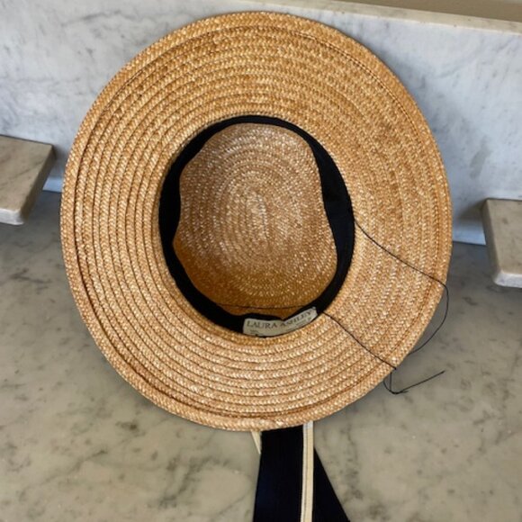 LAURA ASHLEY Vintage Straw Boater Hat with Navy White Ribbon Accent OS - Picture 11 of 16